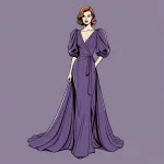 long purple dress with low neckline and puffy sleeves image